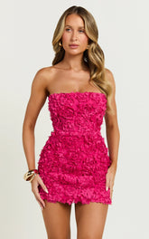 Strapless 3D Floral Lace Up Back Dress in Pink